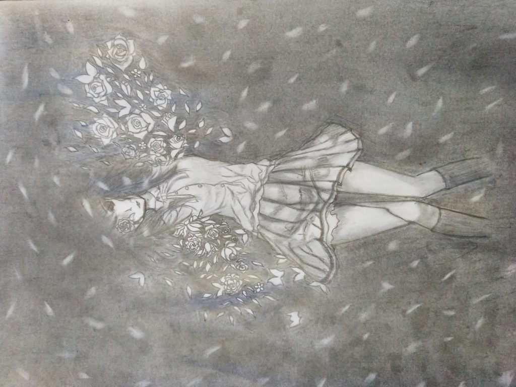 花砖之恋涌心房 濡烏之羽朦眼帘 银铃之声撞心怀 花葬之美染绝望 琉璃之鸟尽飞翔 朽木之子名为冬
